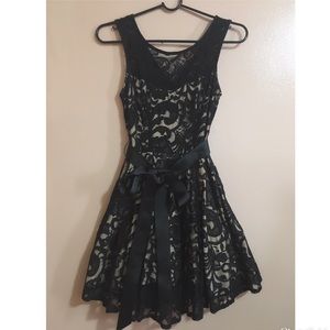 Black Dress with Beige Lining and Ribbon Waist Tie